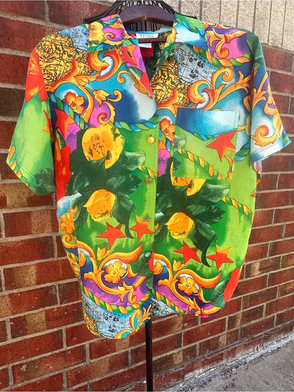 Vintage TESS 100% Silk Nautical MapPrint Blouse Art to Wear Coastal Scarf Print